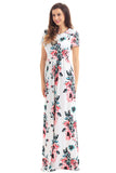 Pocket Design Short Sleeve White Floral Maxi Dress