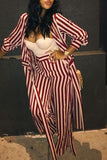 Stripe Casual Striped Print Split Joint With Belt Turndown Collar Long Sleeve Two Pieces