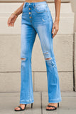 button fly distressed mid rise flare jeans