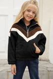Stripe Color Block Half Zip Girl Fleece Sweatshirt with Pocket