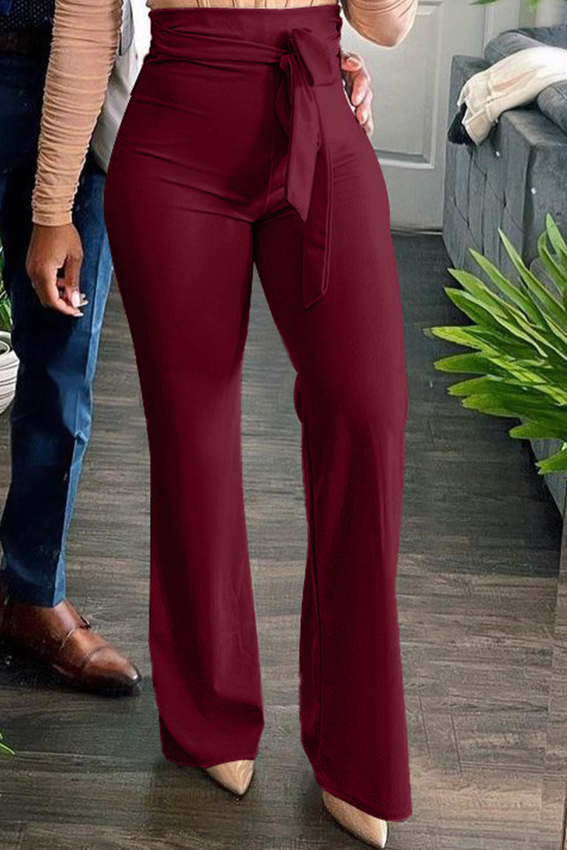 Burgundy Casual Solid Split Joint Boot Cut High Waist Speaker Solid Color Bottoms