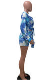 Blue Casual Patchwork Tie-dye Turndown Collar Two Pieces