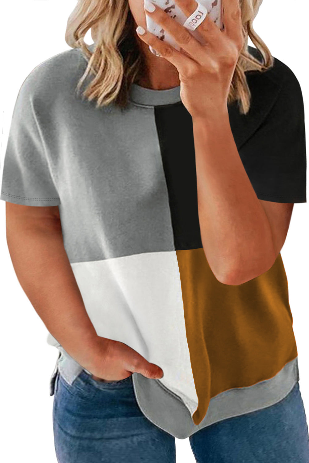 Khaki Plus Size Crew Neck Colorblock T-shirt