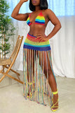 Summer ladies fashion swimsuit women bra and long fringed skirt sexy rainbow swimsuit bikini set