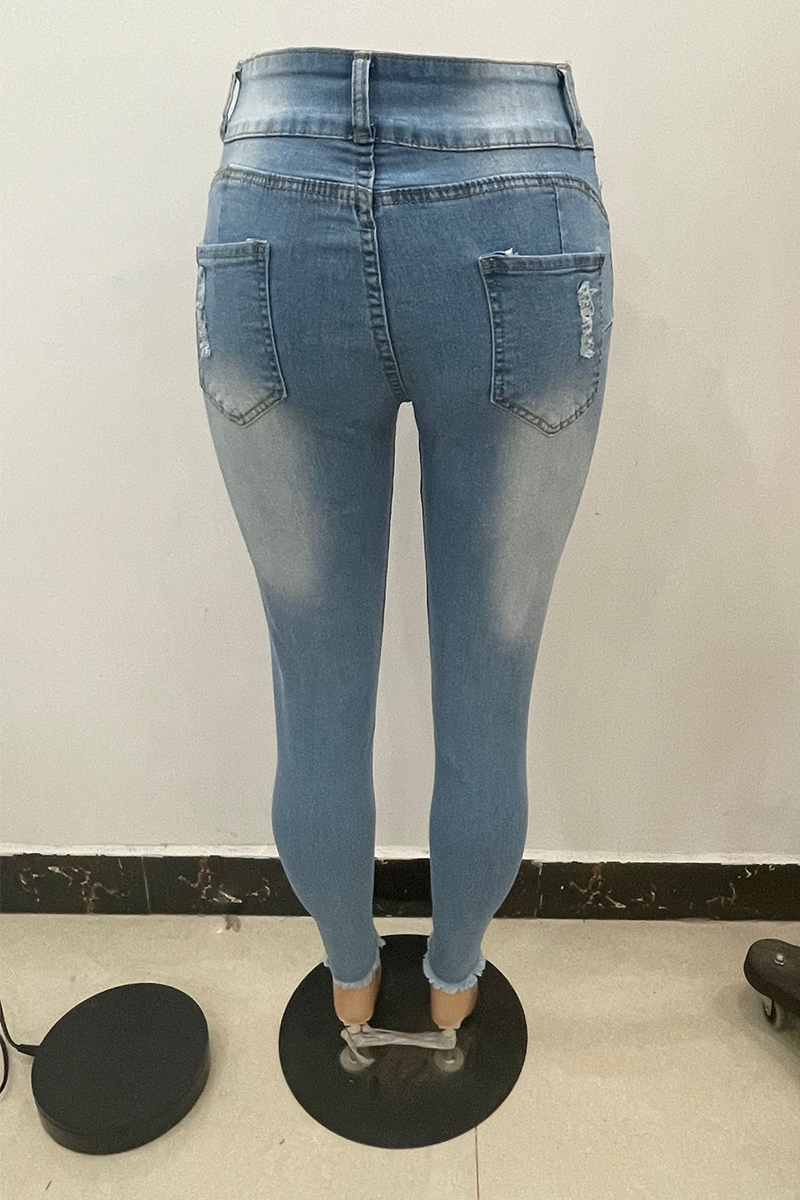 Baby Blue Casual Solid Ripped Mid Waist Skinny Denim Jeans