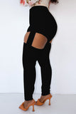 Black Fashion Casual Solid Ripped Hollowed Out High Waist Skinny Jeans