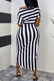 Blue Casual Striped Print Split Joint Asymmetrical Off the Shoulder Short Sleeve Two Pieces