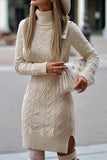 Turtleneck Pullover Textured Pattern Bodycon Sweater Dress with Slits