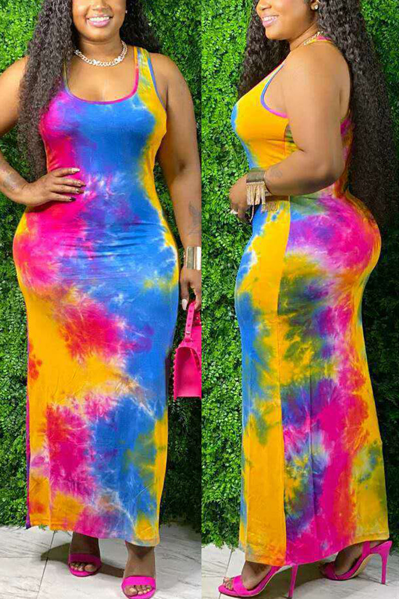 Colorful Fashion Sexy U Neck Sleeveless Spaghetti Strap Print Vest Dress Plus Size
