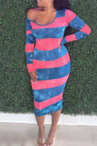 Pink Casual Striped Print Split Joint U Neck Pencil Skirt Dresses