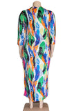 Multi-color Casual Print Split Joint O Neck Straight Plus Size Dresses