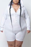 White Casual Living Solid Split Joint Hooded Collar Plus Size Romper