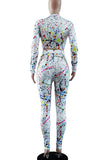 White Casual Print Split Joint O Neck Long Sleeve Two Pieces
