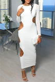 White Fashion Sexy Solid Hollowed Out O Neck Long Sleeve Dresses