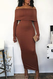 Brown Sexy Casual Solid Split Joint Backless Off the Shoulder Long Sleeve Dresses