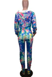 Colour Casual Print Tie Dye Ripped Split Joint Zipper Hooded Collar Long Sleeve Two Pieces