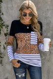 Leopard Striped Patchwork Long Sleeve Top with Pocket