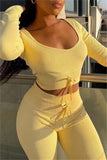 Yellow Fashion Casual Solid Bandage O Neck Long Sleeve Two Pieces