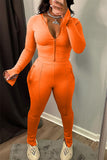 Orange Fashion Casual Solid Slit Zipper Collar Long Sleeve Two Pieces