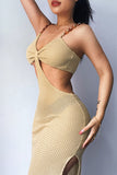 Khaki Sexy Solid Hollowed Out Split Joint Chains Slit Sling Dress Dresses