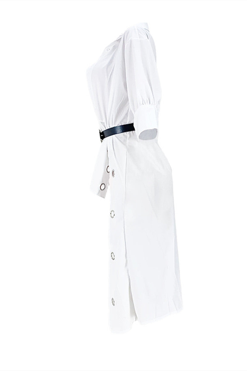 White Fashion Casual Solid Asymmetrical Turndown Collar Tops (Without Belt)