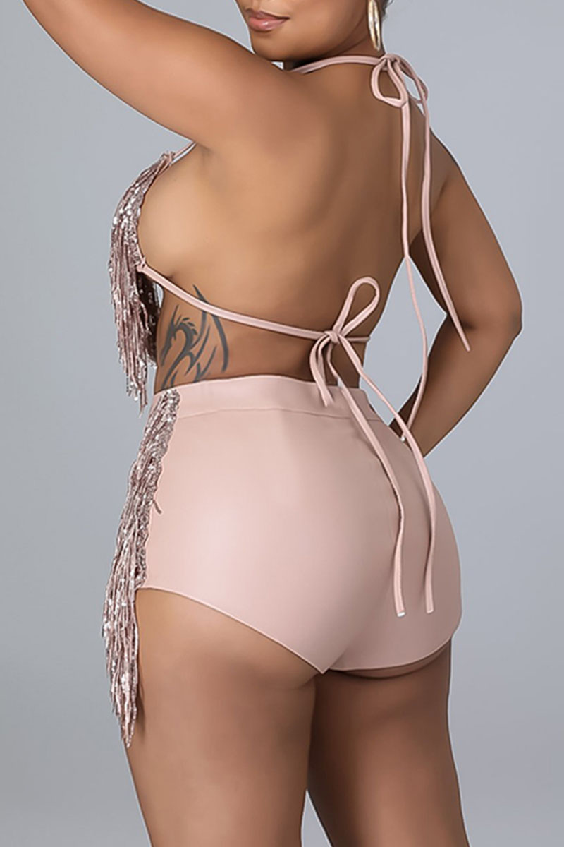 Pink Sexy Solid Tassel Split Joint Frenulum Backless Halter Sleeveless Two Pieces