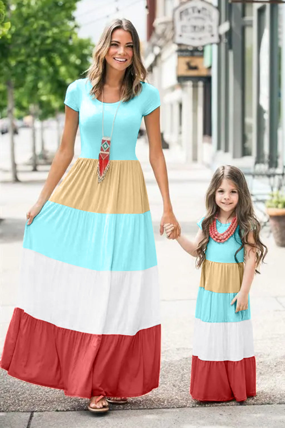 Family Matching Short Sleeve Color Block Adult Maxi Dress