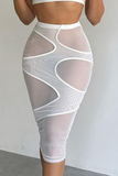 White Sexy Solid Split Joint Mesh Skinny Mid Waist Pencil Solid Color Bottoms