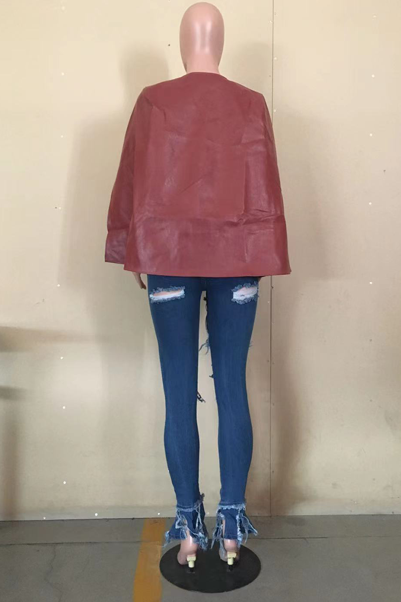 Burgundy Casual Solid Split Joint Turtleneck Tops (fake two pieces)