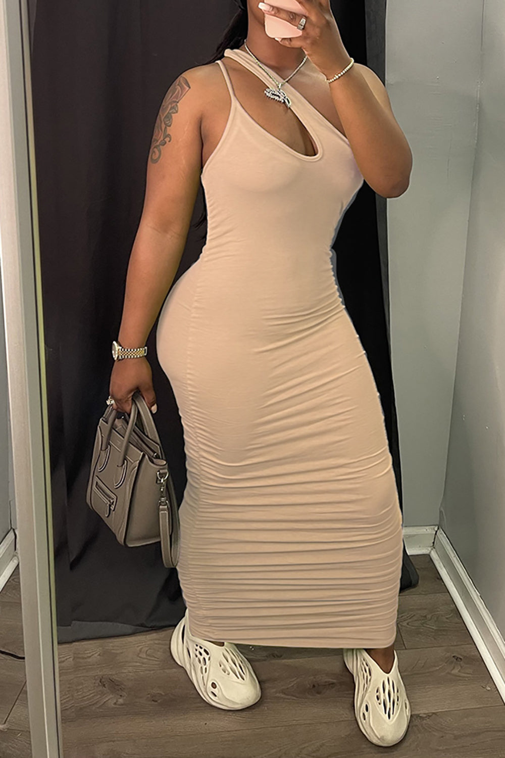 Hot Selling Summer Bodycon Midi Dresses Sexy Women Hollow Out Side Ruched Dress