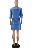 Blue Fashion Casual Print Basic V Neck Dresses