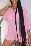 Pink Casual Solid Split Joint Turndown Collar Straight Jumpsuits