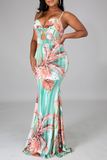 Light Green Sexy Print Hollowed Out Spaghetti Strap Trumpet Mermaid Dresses