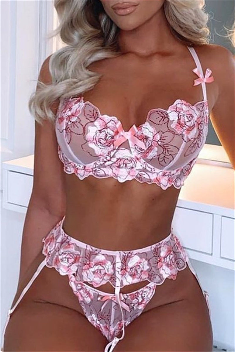 Pink Fashion Sexy Embroidery Split Joint See-through Backless Lingerie