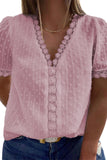V Neck Lace Crochet Swiss Dot Short Sleeve Blouse