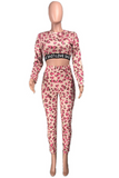Pink Sexy Print Split Joint O Neck Long Sleeve Two Pieces