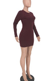 Burgundy Casual Solid Split Joint O Neck Pencil Skirt Dresses