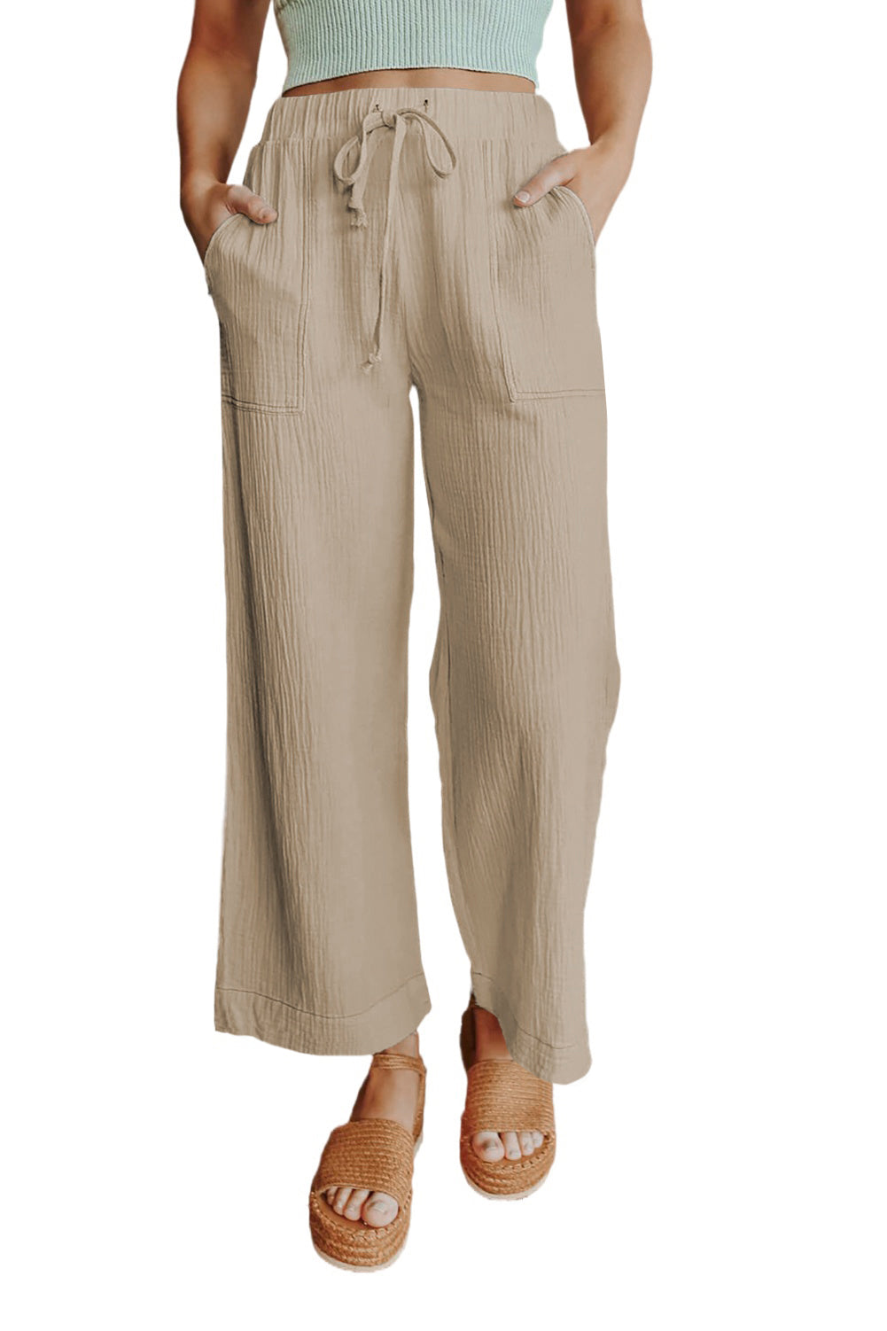 Khaki Drawstring Waist Crinkled Wide Leg Pants