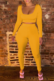 Yellow Casual Solid Split Joint U Neck Long Sleeve Two Pieces