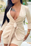 Apricot Fashion Casual Solid Bandage V Neck Long Sleeve Two Pieces