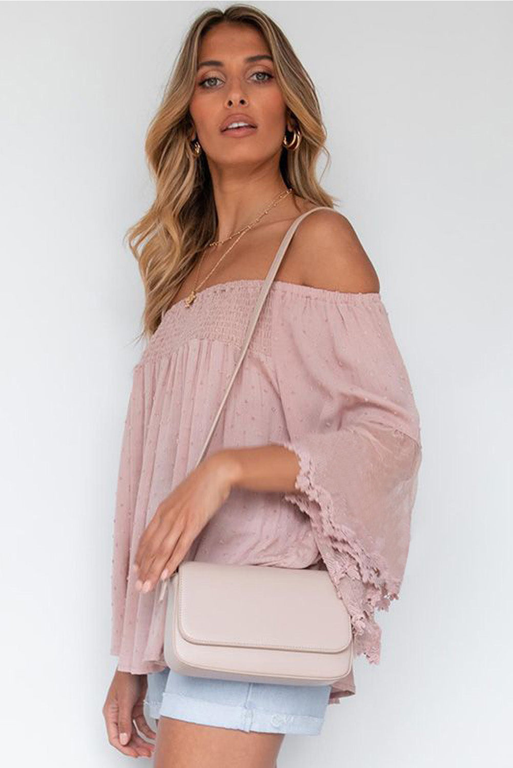 Off The Shoulder Sheer Patchwork Ruffle Blouse