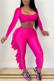 Pink Sexy Solid Split Joint Flounce Square Collar Long Sleeve Two Pieces