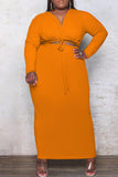 Orange Fashion Casual Plus Size Solid Bandage Hollowed Out V Neck Long Sleeve Dresses