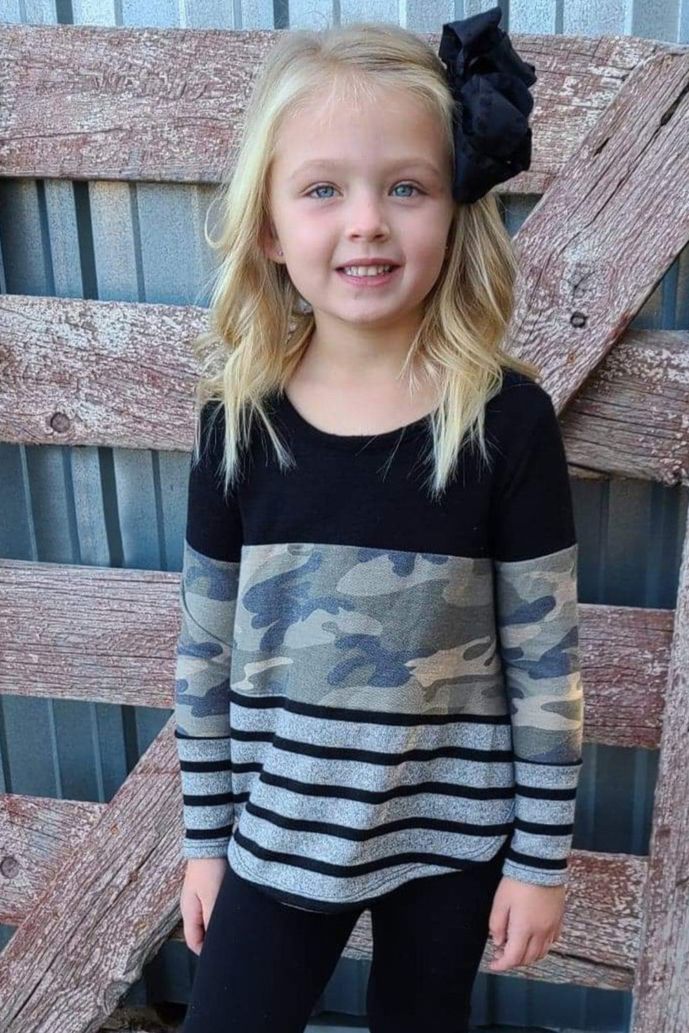 Camo Striped Color Block Girl's Crewneck Long Sleeve Top