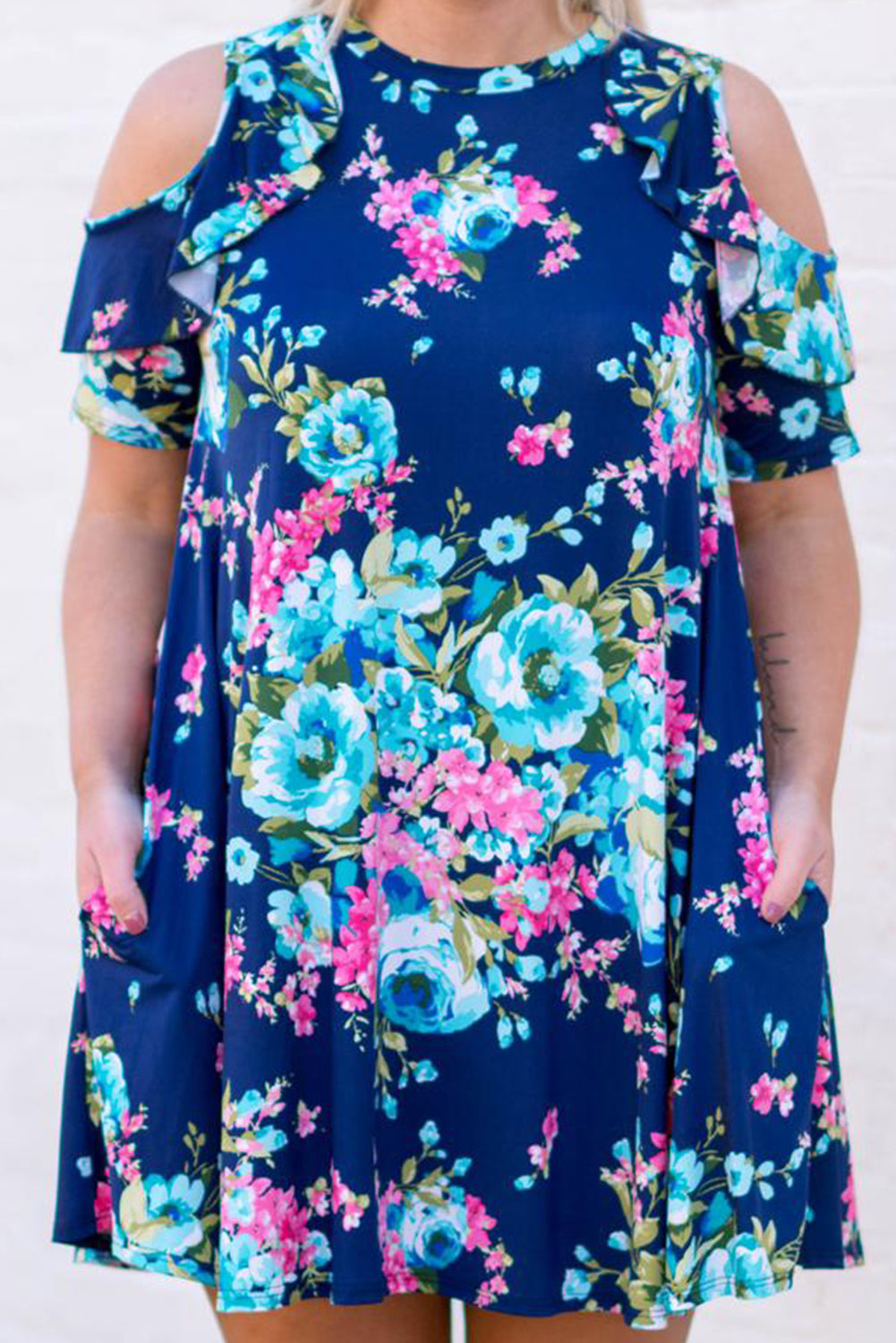 Floral Plus Size Cold Shoulder Ruffle Pocket Mini Dress