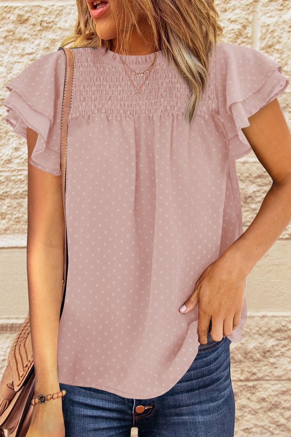 Tiered Sleeve Frilled Neck Dotted Top