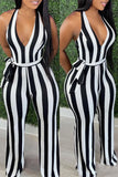 Black White Sexy Casual Striped Print Backless Halter Regular Jumpsuits