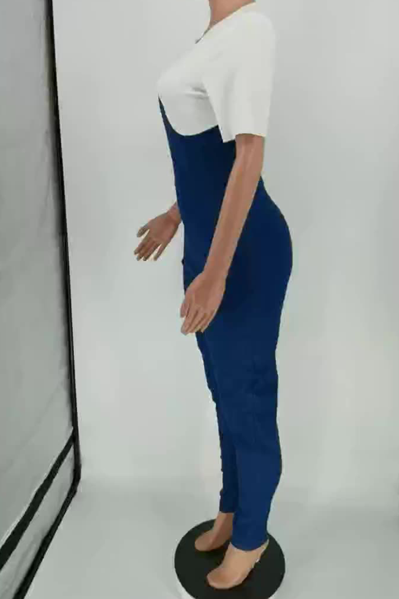 Blue Casual Solid Split Joint O Neck Skinny Jumpsuits