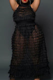 Black Sexy Solid Split Joint See-through Turtleneck Mesh Dress Plus Size Two Pieces
