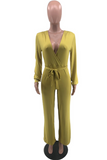 Green Casual Solid Split Joint V Neck Straight Jumpsuits
